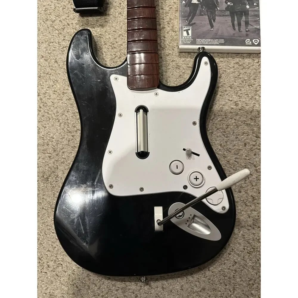 Nintendo Wii Rock Band Guitar w Dongle Strap 2 Games RockBand Track Pack Tested